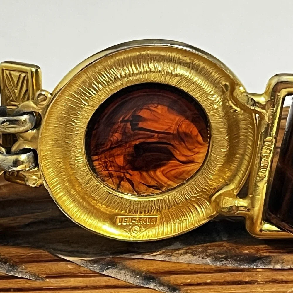 VTG Ben Amun Belt 24K Gold Plated Amber Resin Cabochon Leather Cinch 27